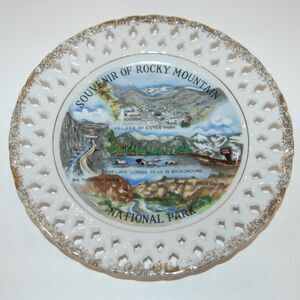 VINTAGE ROCKY MOUNTAIN MT NATIONAL PARK SOUVENIR PLATE BEAR LAKE & LONGS PEAK 8"